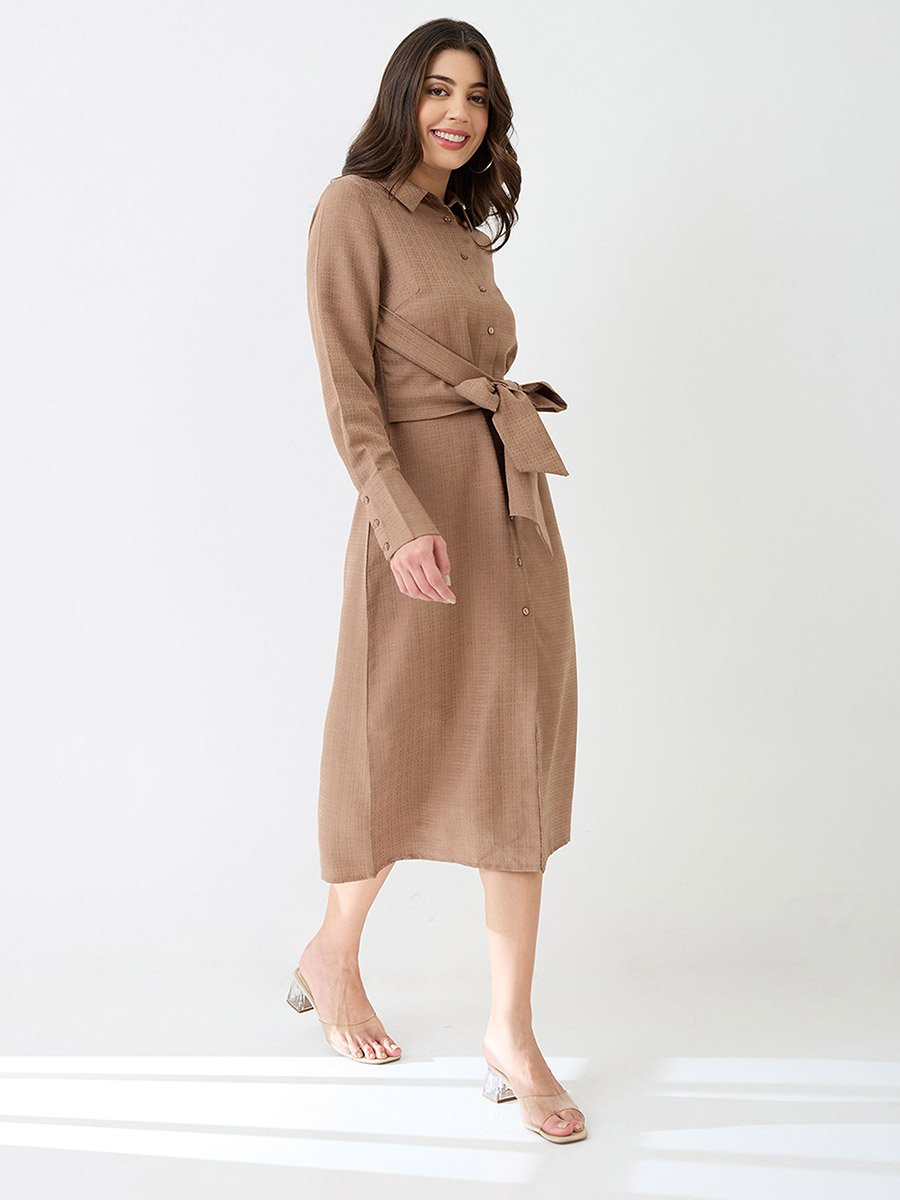  Women Brown Collared Neck Shirt Midi Dress