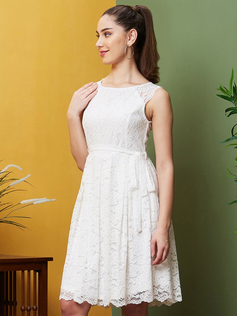 White Floral Lace Belted Knee Length Dress