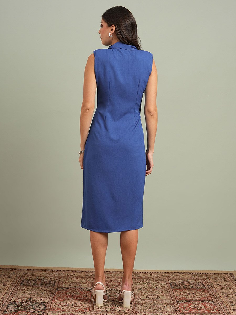 Blue Notch Lapel Blazer Midi Dress