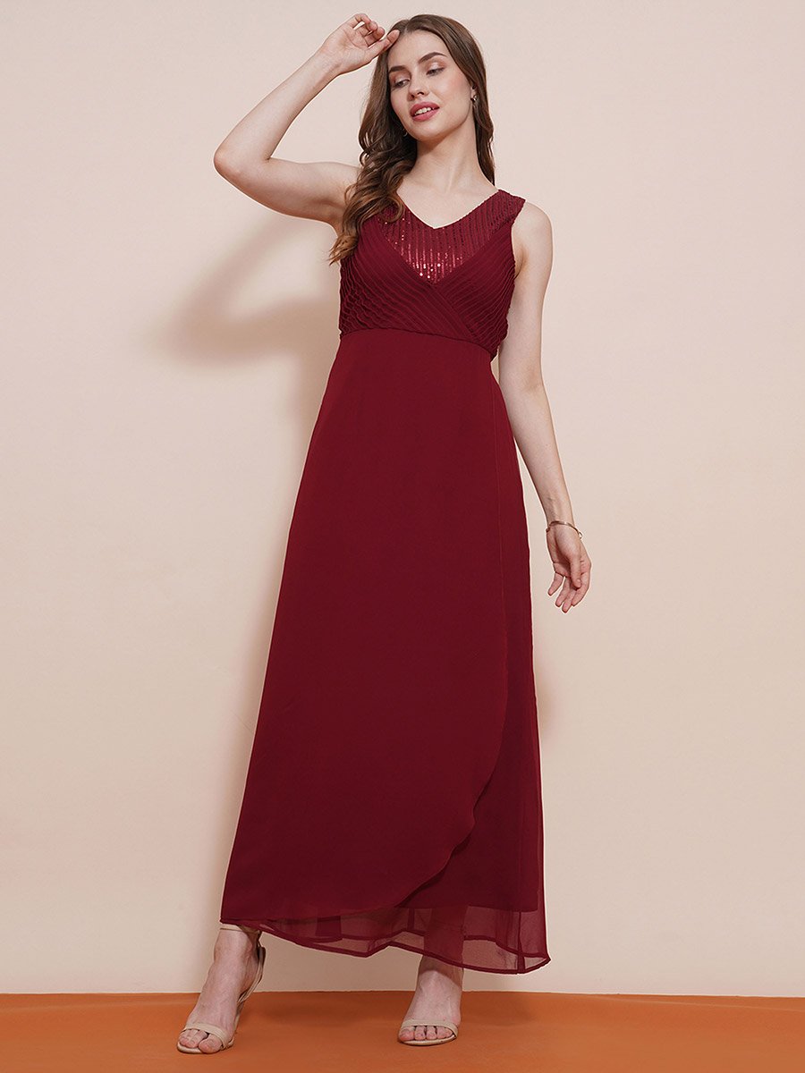 Women Maroon V-Neck Sequined Maxi Dress
