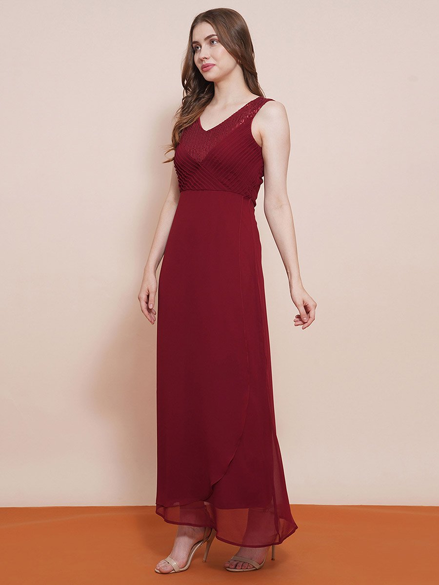 Women Maroon V-Neck Sequined Maxi Dress