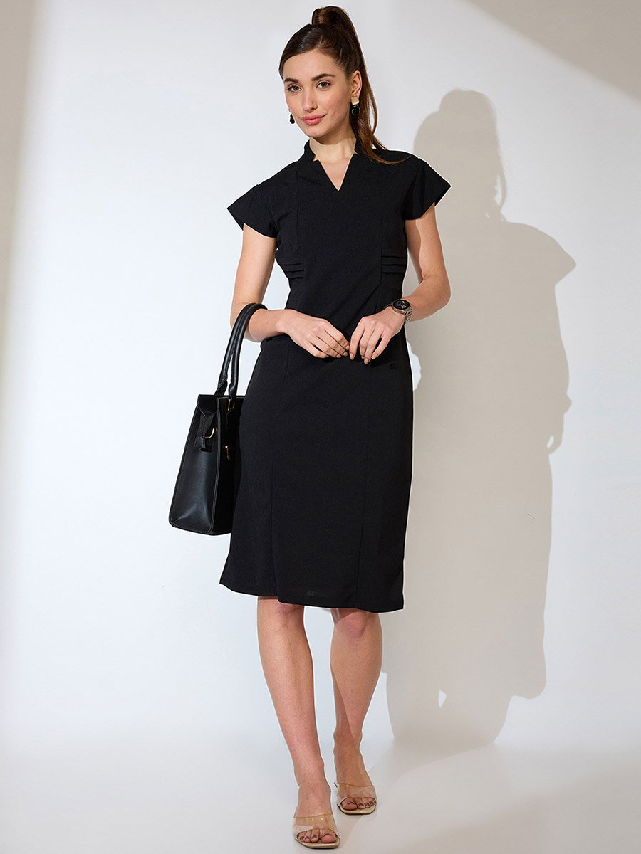 Women Black V-Neck Sheath Midi Dress