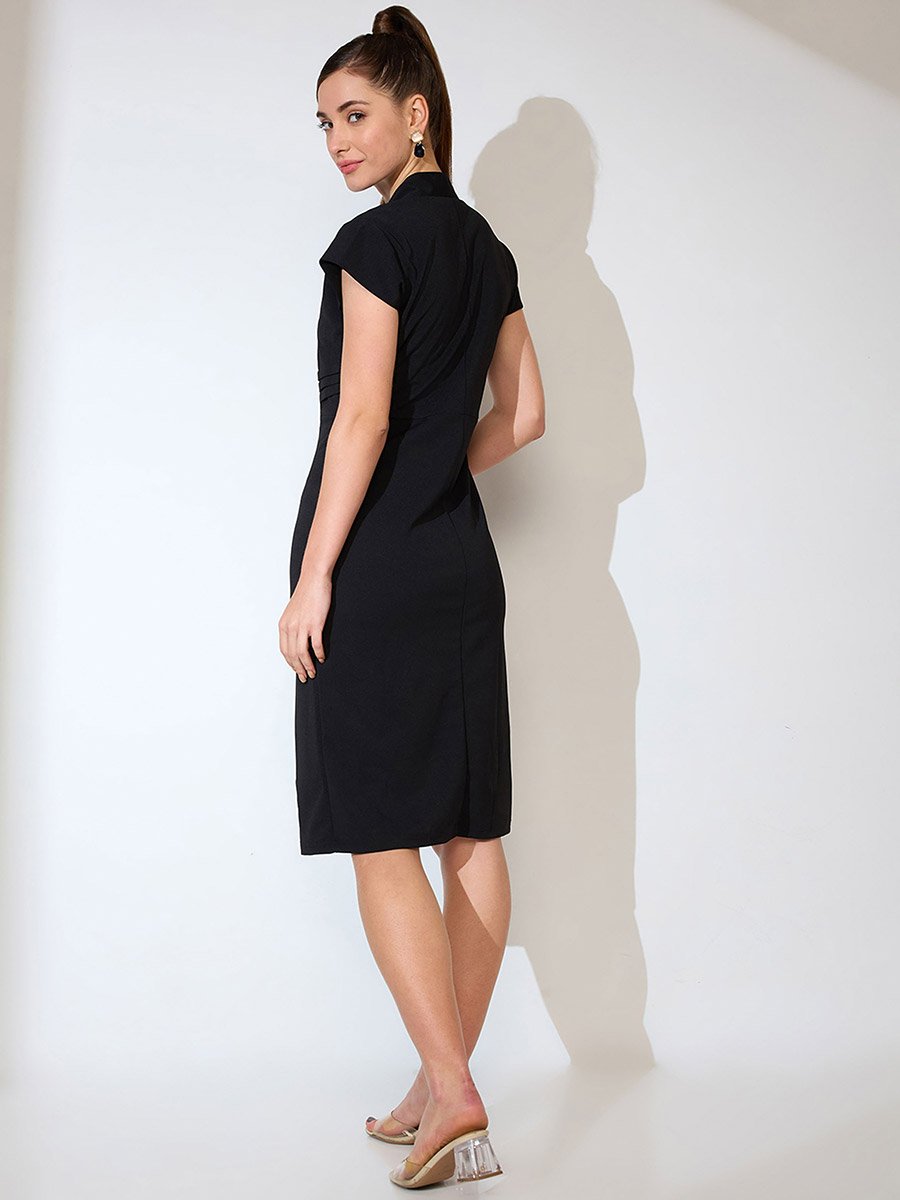 Women Black V-Neck Sheath Midi Dress