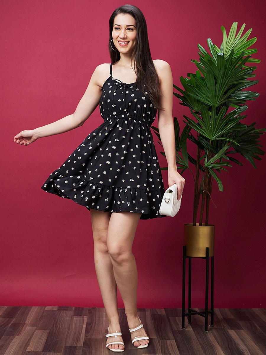  Black Floral Print Strappy Ruffled Hem Mini Dress