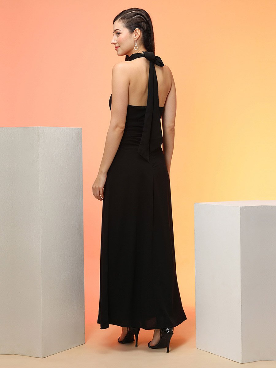 Black Tie-Up Halter Neck A-Line Maxi Dress