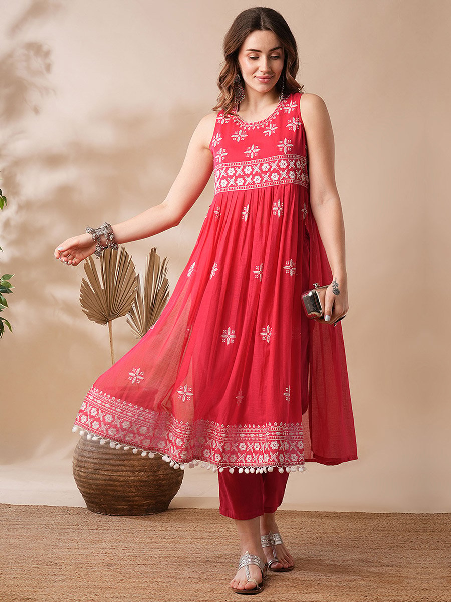 Red Floral Embroidered Pleated Kurta and Pants Set