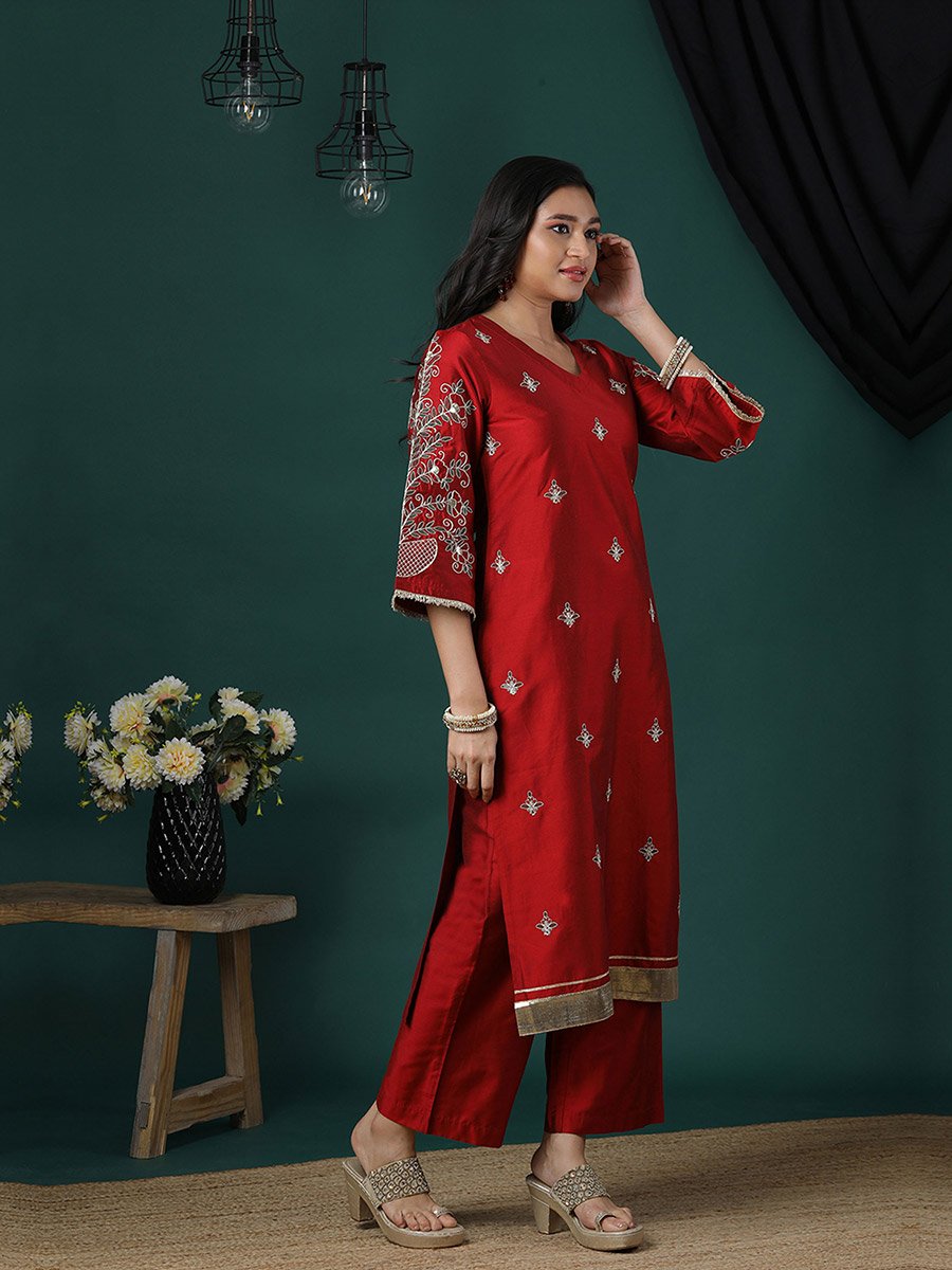 Maroon V-Neck Zari Embroidered Kurta and Elasticated Pants Set