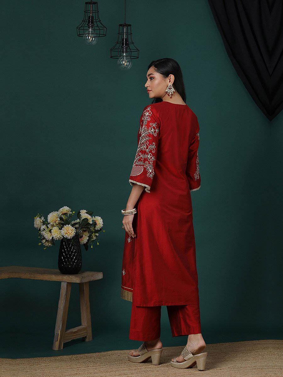Maroon V-Neck Zari Embroidered Kurta and Elasticated Pants Set
