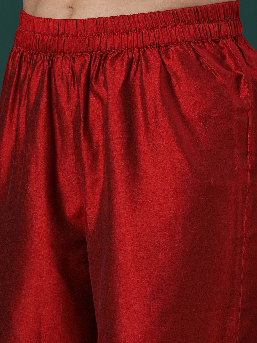 Maroon V-Neck Zari Embroidered Kurta and Elasticated Pants Set