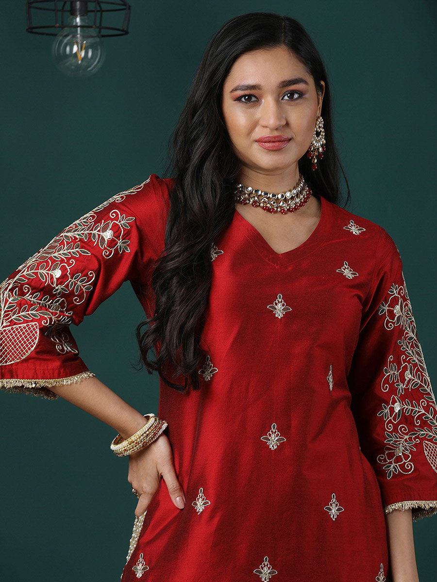 Maroon V-Neck Zari Embroidered Kurta and Elasticated Pants Set