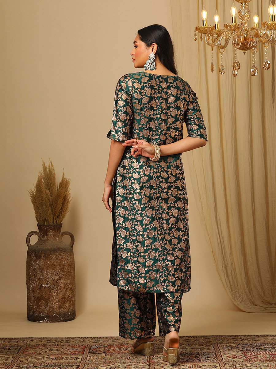 Green Round Neck Floral Print Straight Kurta and Elasticated Pants Set