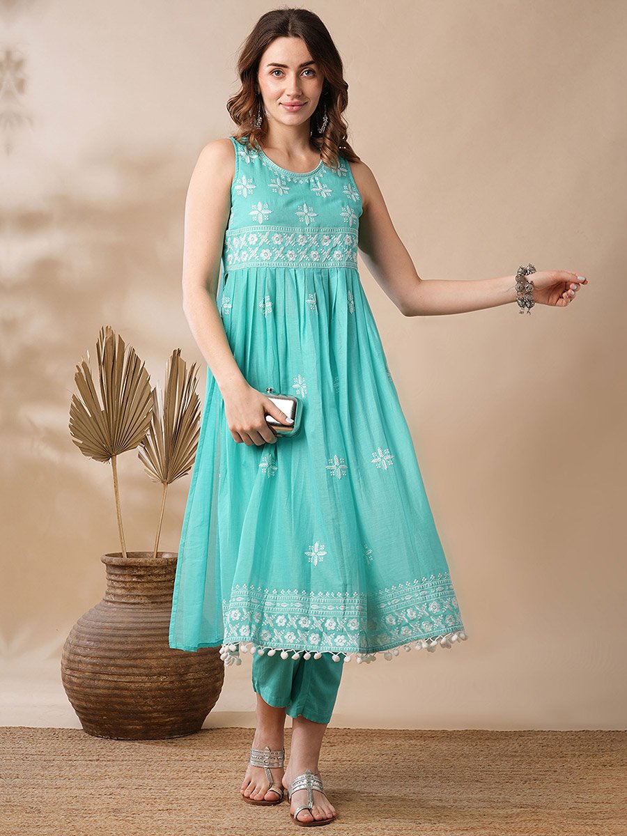 Blue Floral Embroidered Pleated Kurta and Pants Set