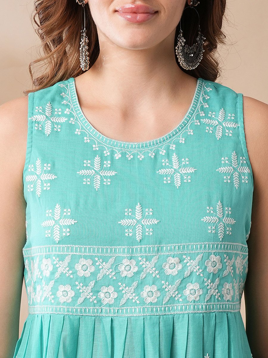 Blue Floral Embroidered Pleated Kurta and Pants Set