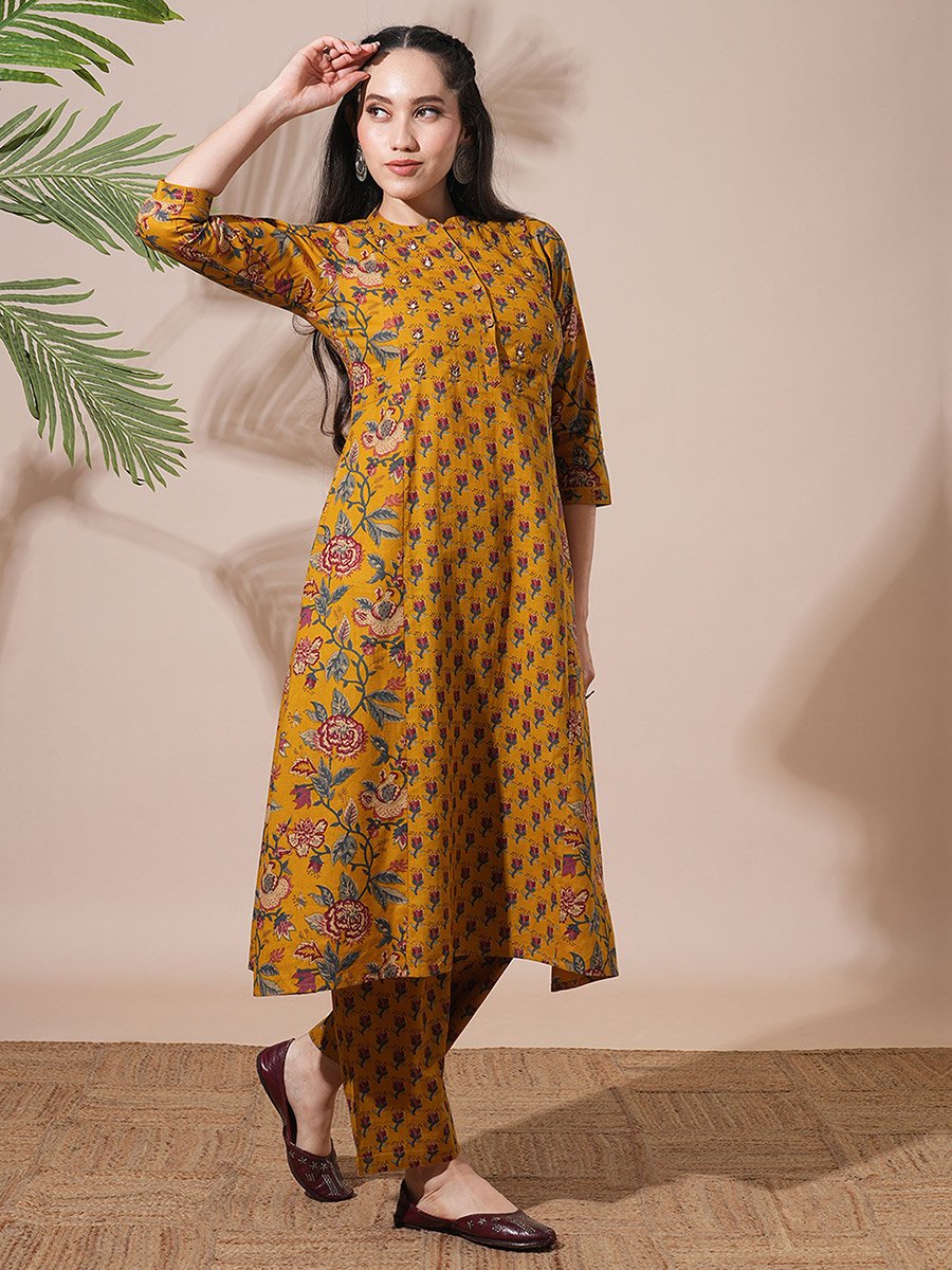 Women Yellow Floral Print Mandarin Neck A-Line Kurta with Pant Sets