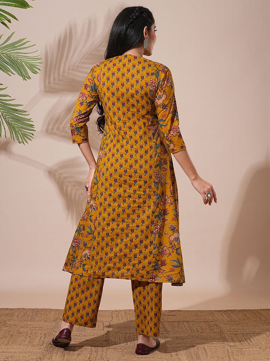 Women Yellow Floral Print Mandarin Neck A-Line Kurta with Pant Sets