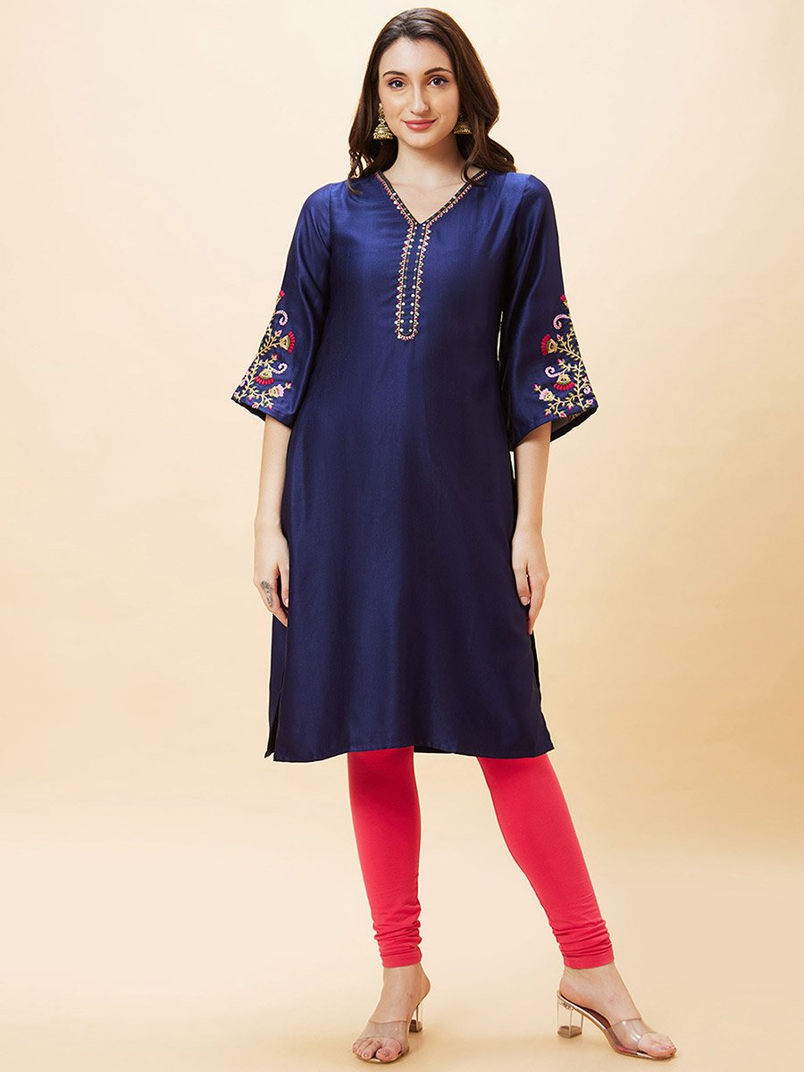 Embroidered V Neck Flared Sleeves Straight Kurta