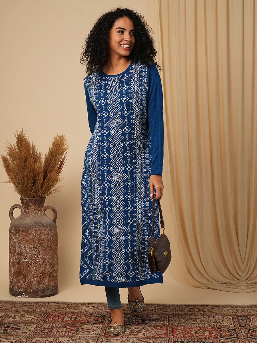 Weave Knitted Loose Fit Calf Length Winter Wear Kurta