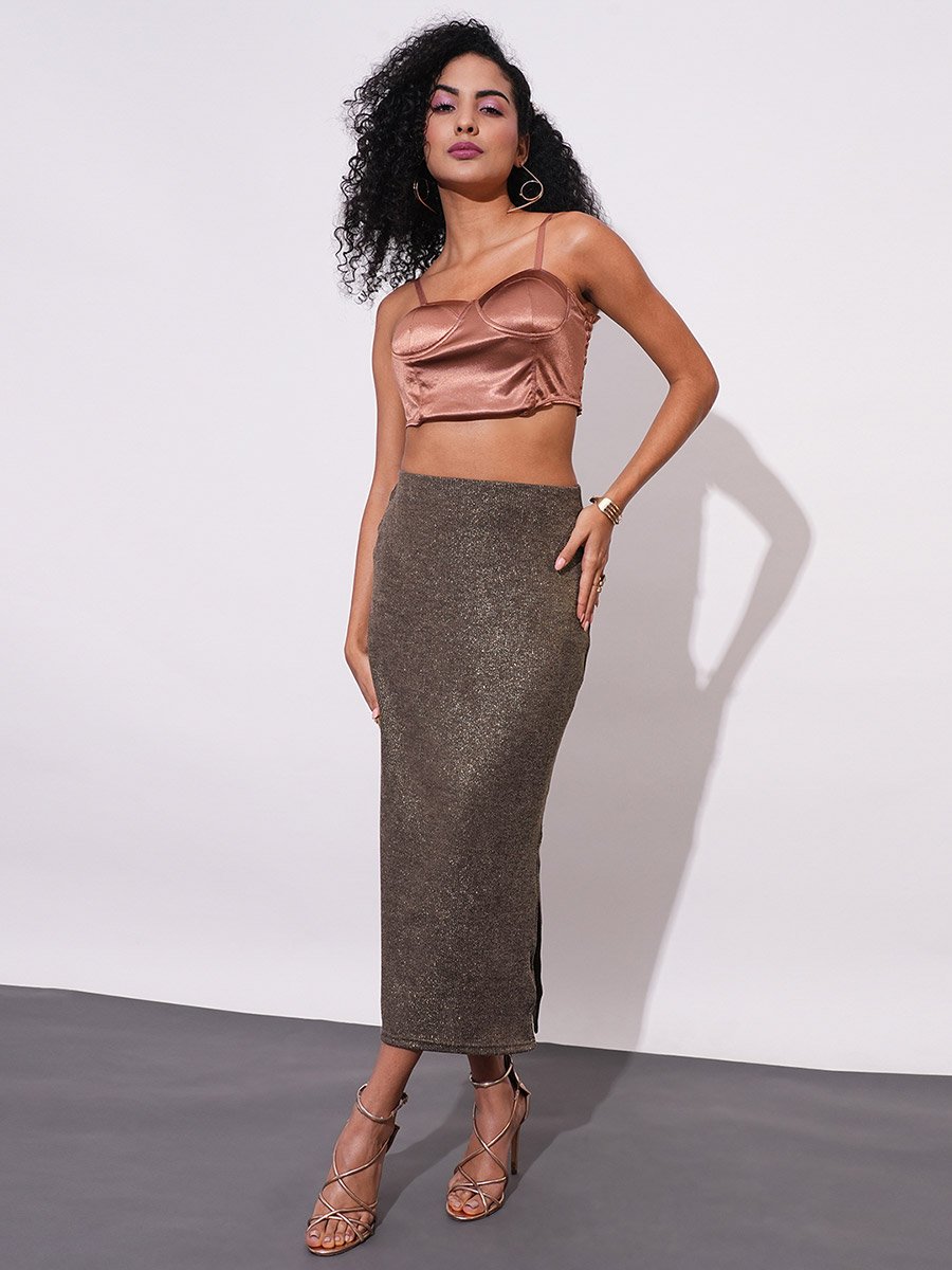Gold Stretchable Side Slit Maxi Pencil Skirt