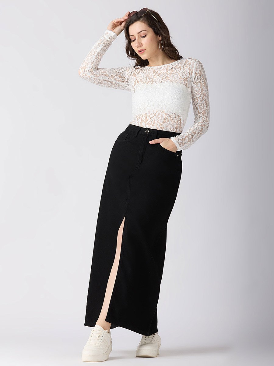 Black Solid Front Slit Straight Denim Maxi Skirt