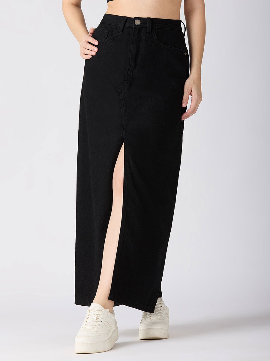Black Solid Front Slit Straight Denim Maxi Skirt