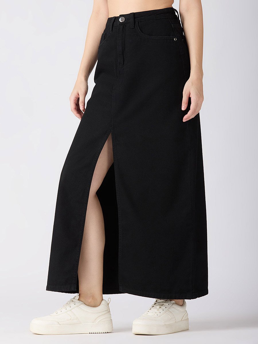 Black Solid Front Slit Straight Denim Maxi Skirt