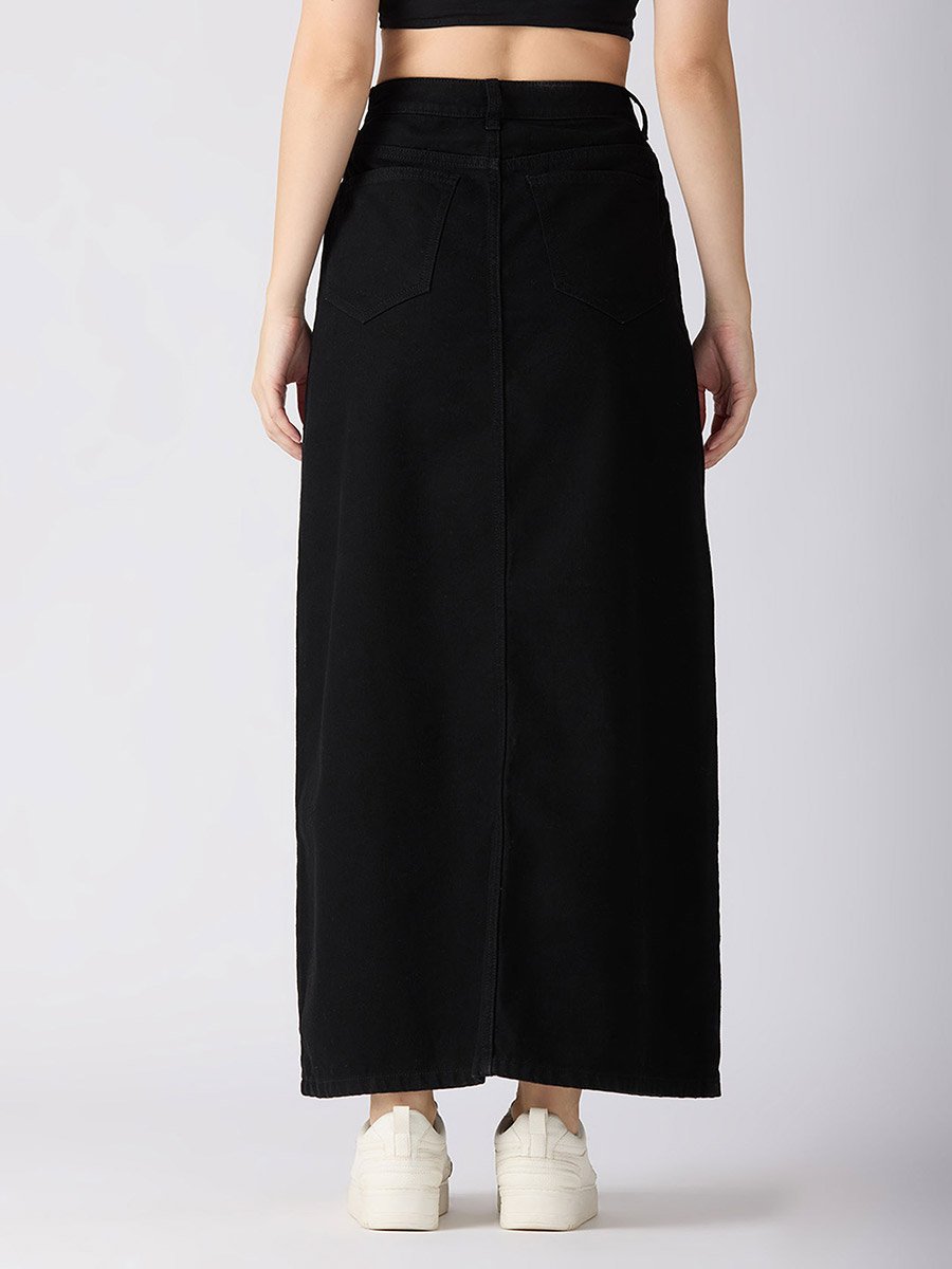 Black Solid Front Slit Straight Denim Maxi Skirt