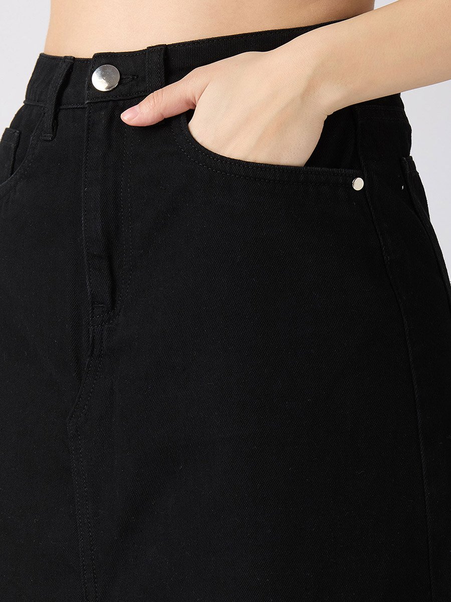 Black Solid Front Slit Straight Denim Maxi Skirt
