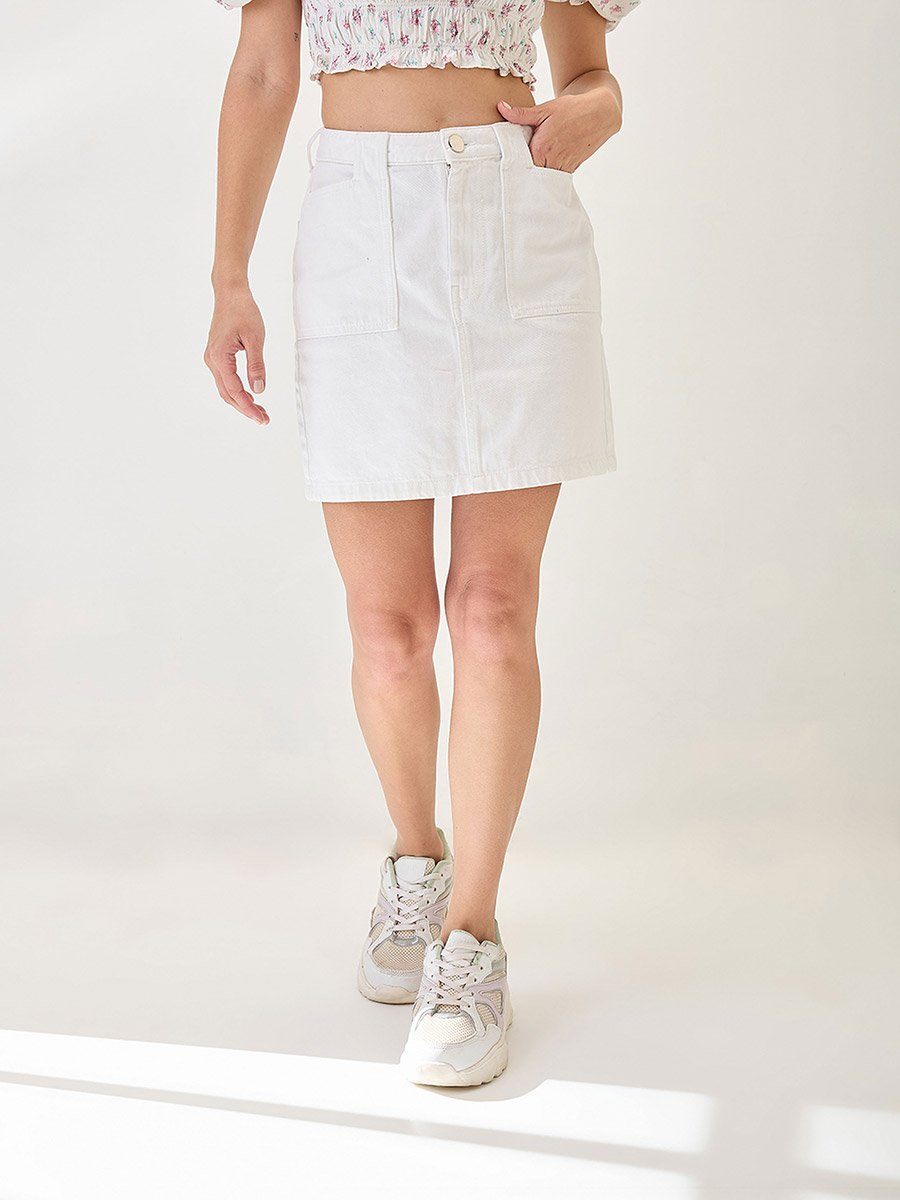 White Cotton Denim Mini Skirt