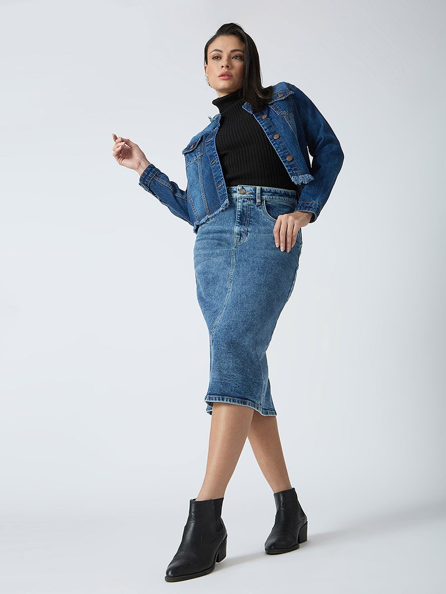 Blue Solid Denim Midi Skirt 