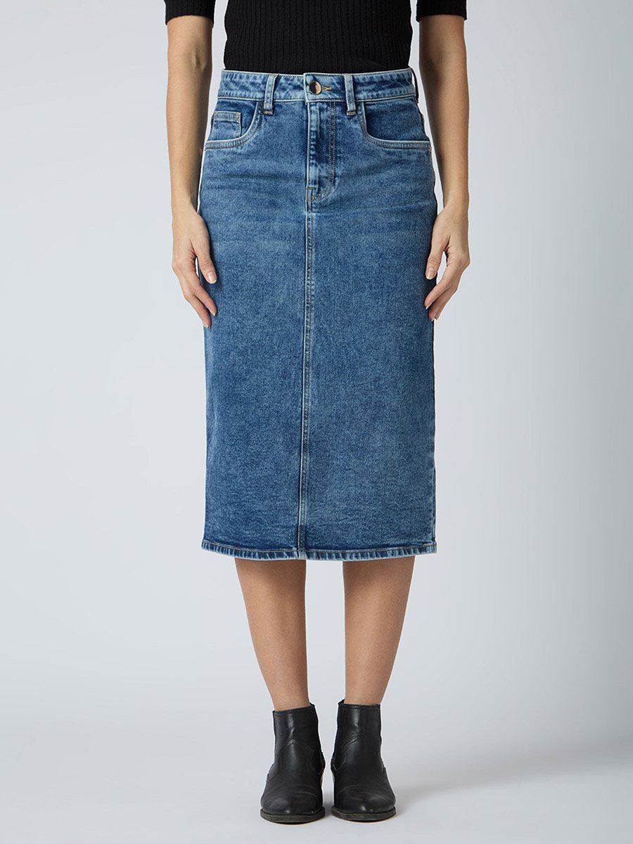 Blue Solid Denim Midi Skirt 