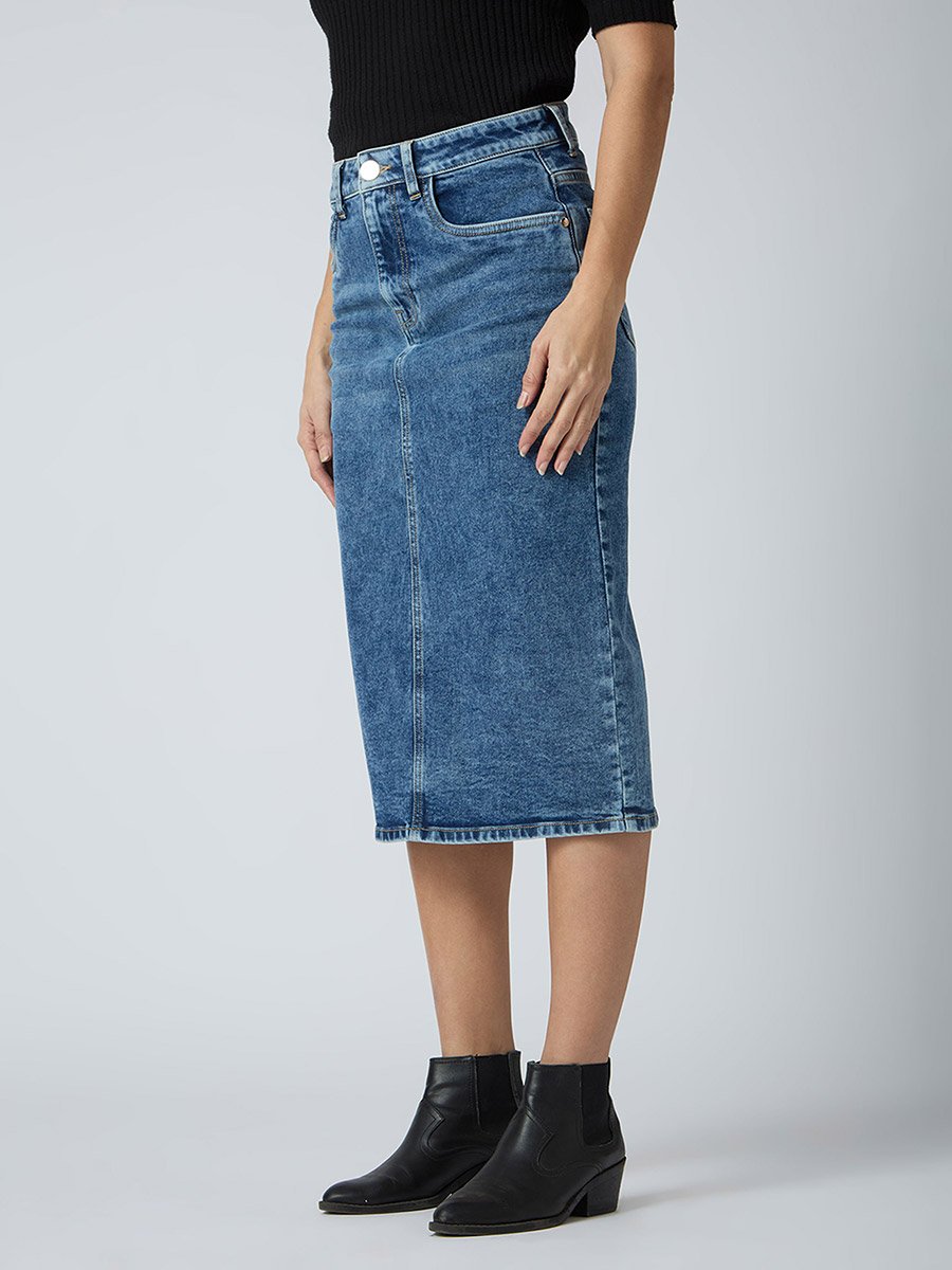 Blue Solid Denim Midi Skirt 