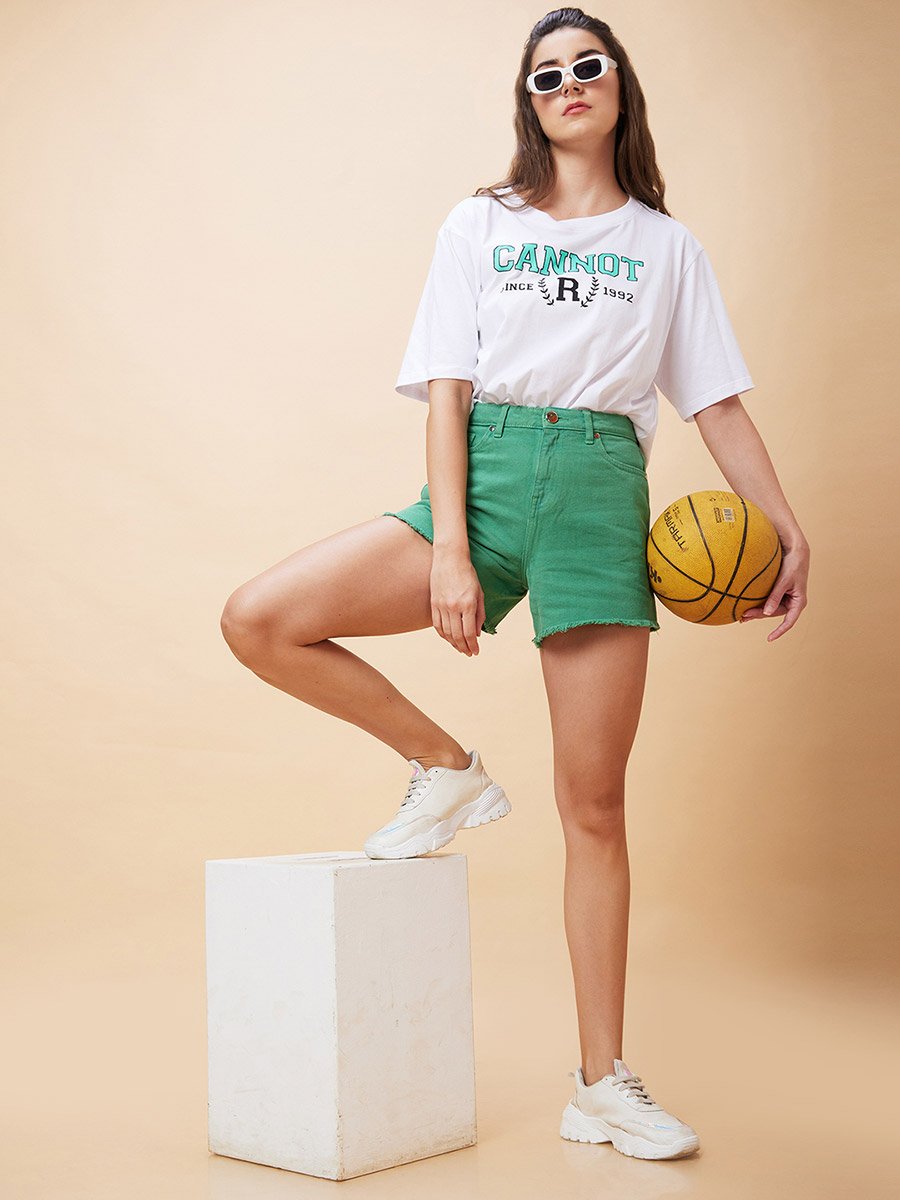 Green Frayed Hem Denim Shorts