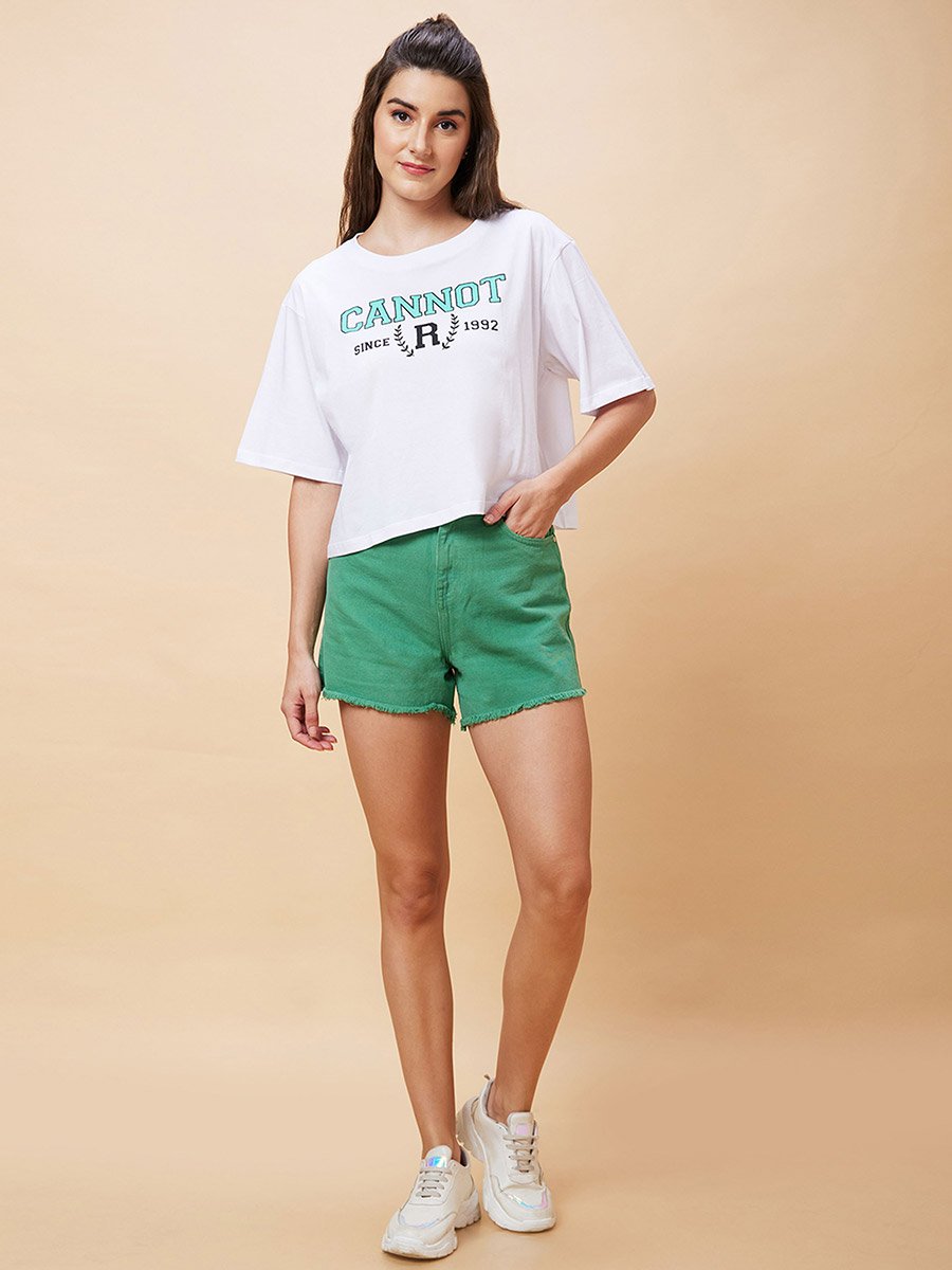 Green Frayed Hem Denim Shorts