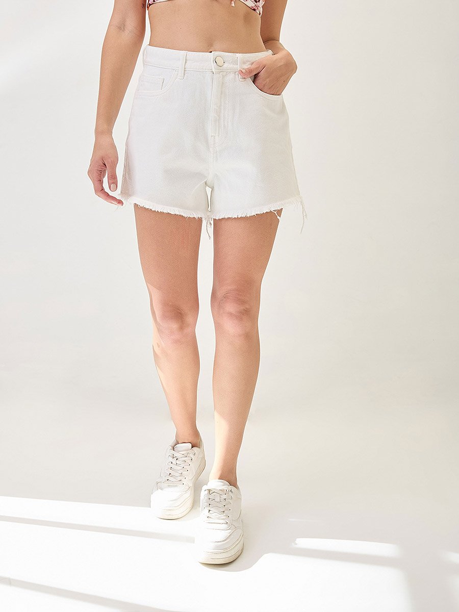 White Fringed Hem Denim Shorts