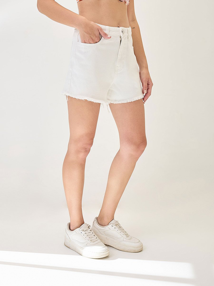 White Fringed Hem Denim Shorts