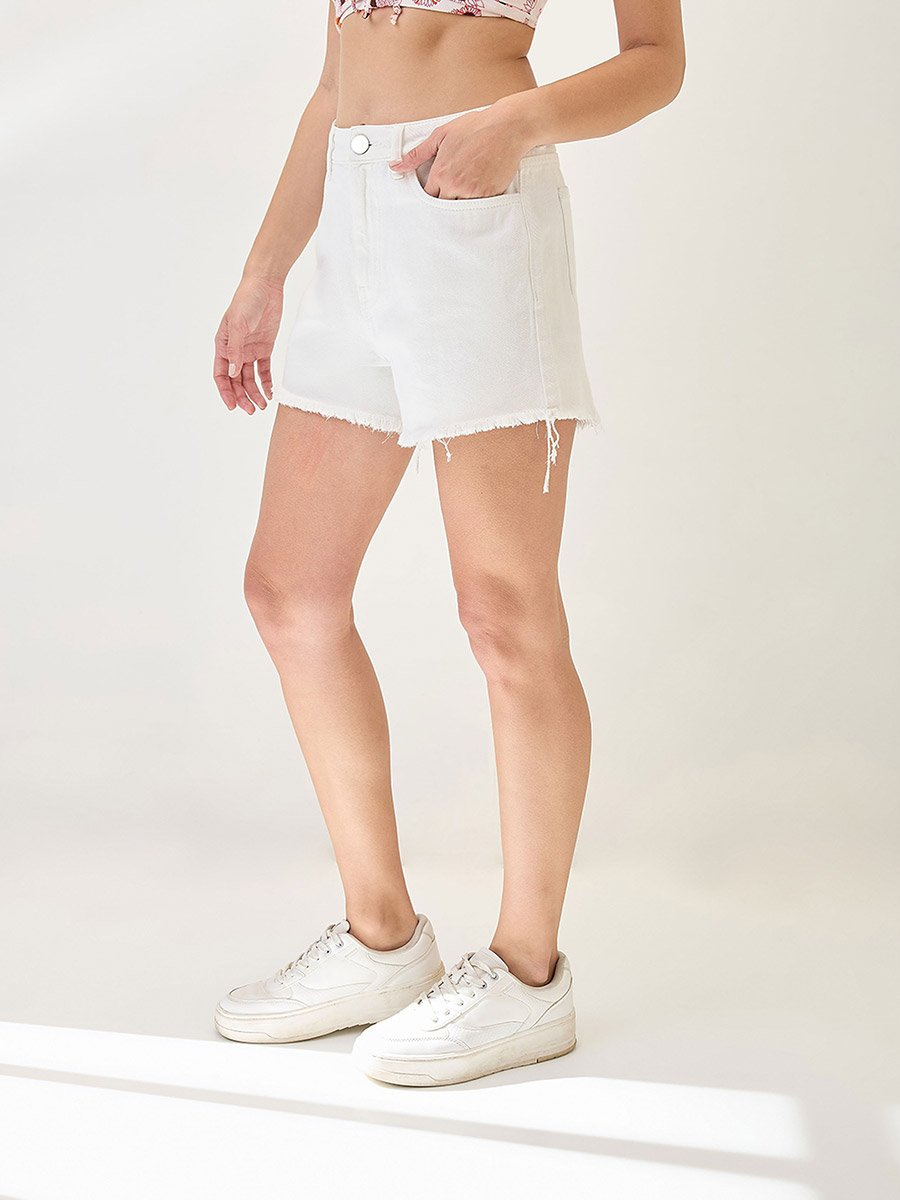White Fringed Hem Denim Shorts