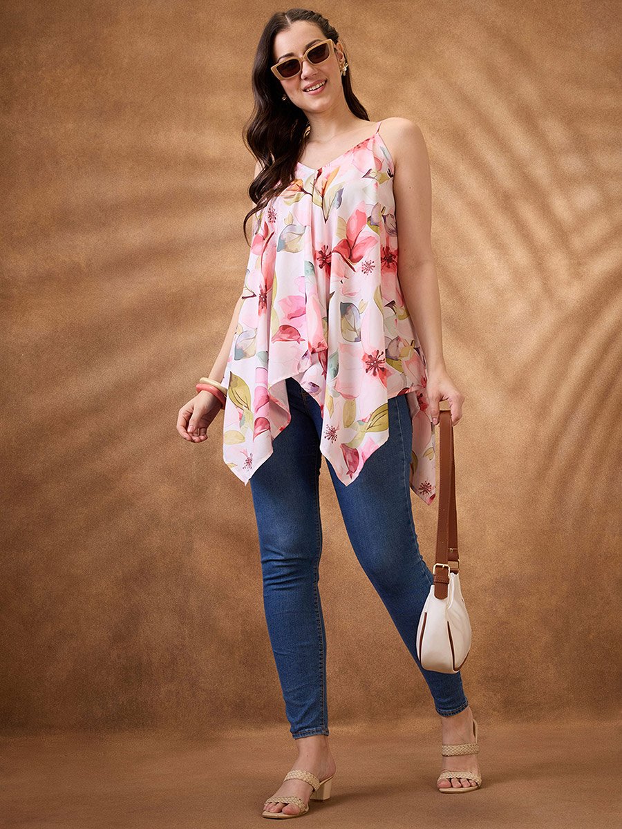 Floral Print Asymmetric Hem Fusion Tunic