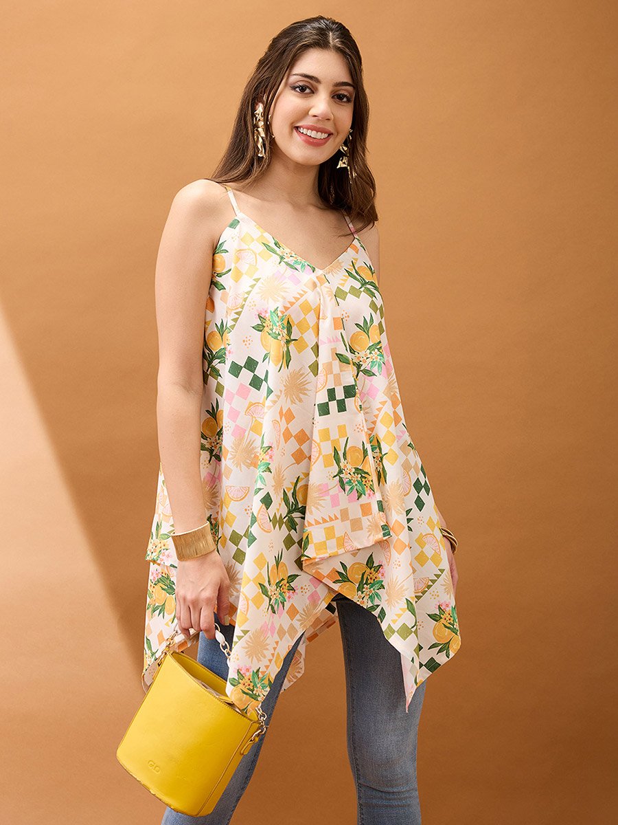 Floral Fruit Print Asymmetric Hem Fusion Tunic