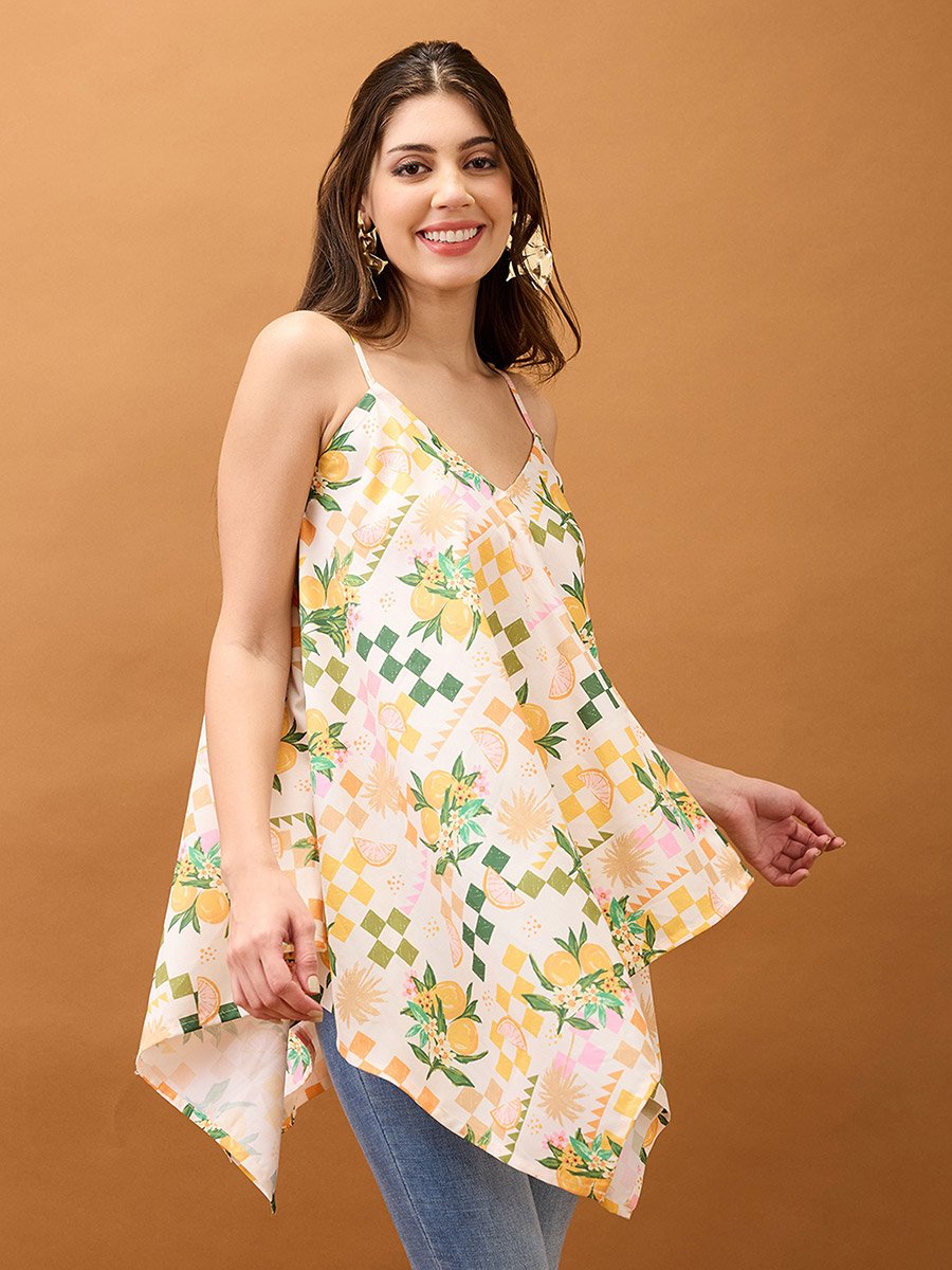 Floral Fruit Print Asymmetric Hem Fusion Tunic