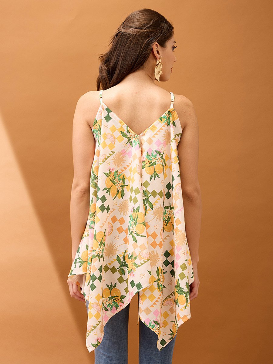 Floral Fruit Print Asymmetric Hem Fusion Tunic