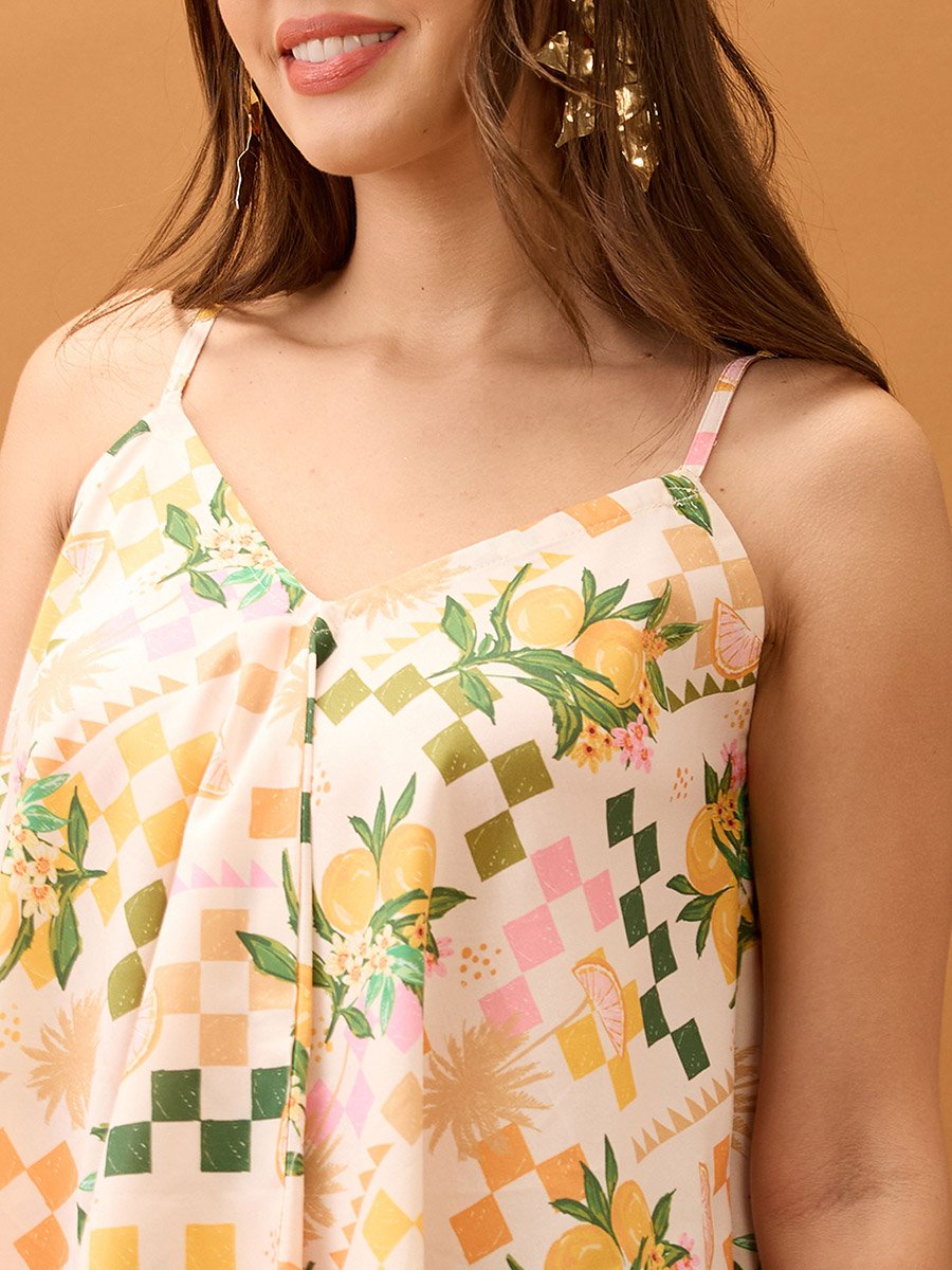 Floral Fruit Print Asymmetric Hem Fusion Tunic