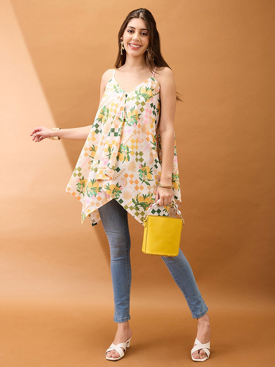 Floral Fruit Print Asymmetric Hem Fusion Tunic