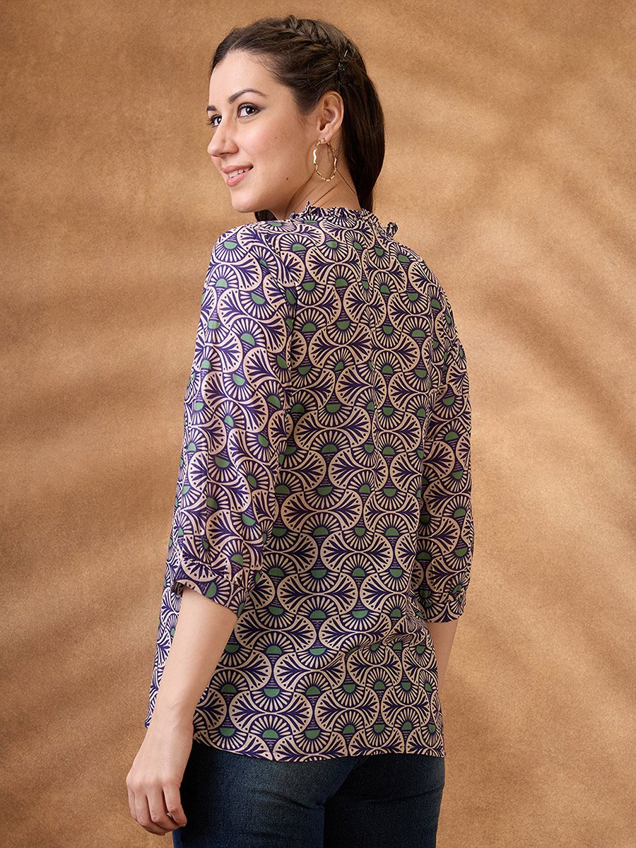 Tie-Up Neck Ethnic Print Workwear Tunic