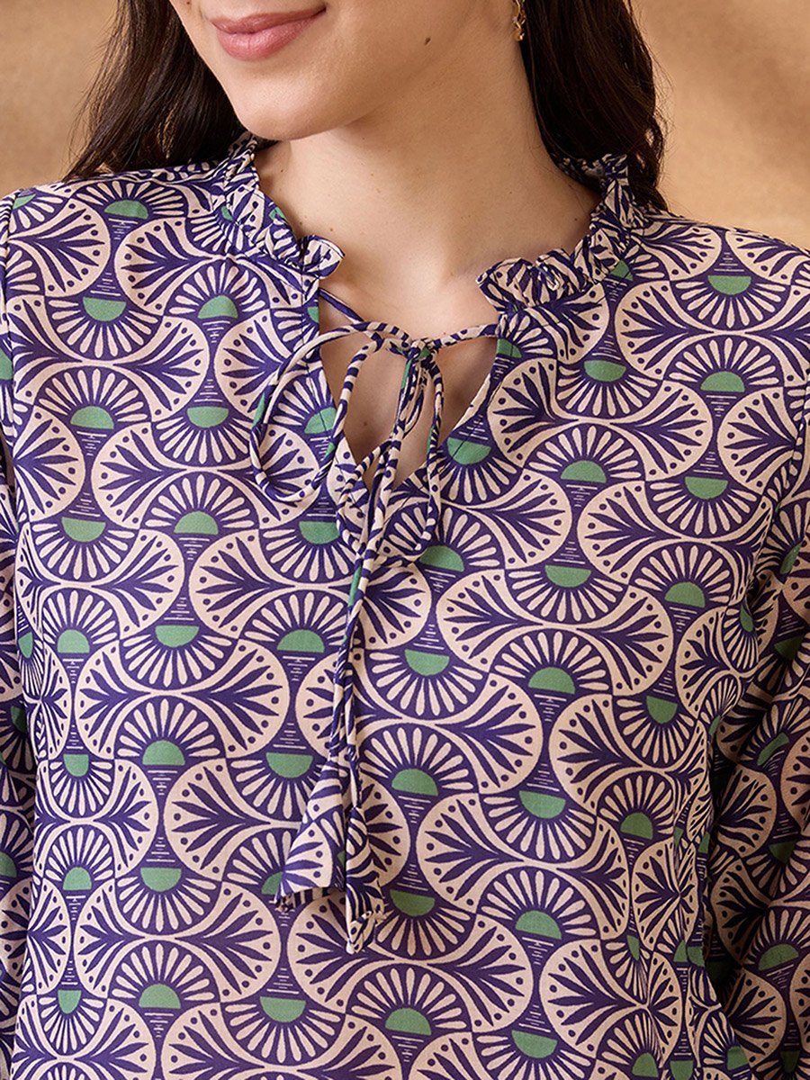 Tie-Up Neck Ethnic Print Workwear Tunic