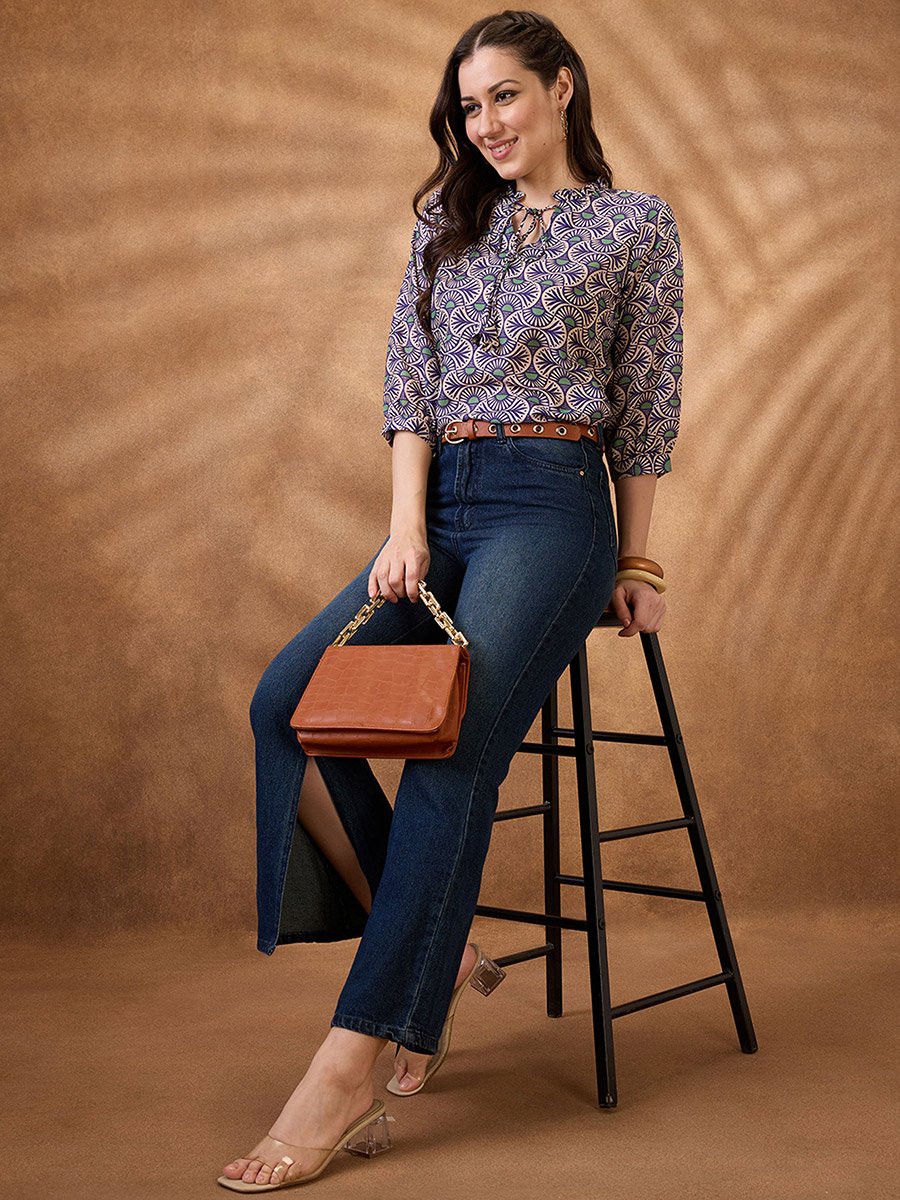 Tie-Up Neck Ethnic Print Workwear Tunic