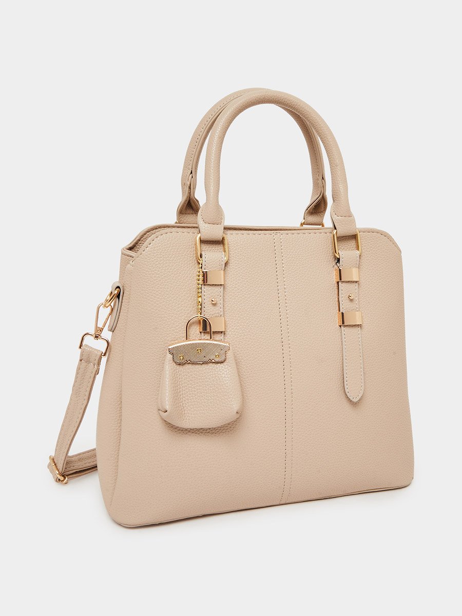 Beige Structured Tote Bag with Charm Detail