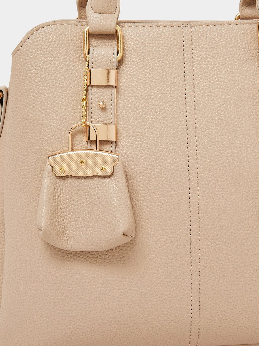 Beige Structured Tote Bag with Charm Detail