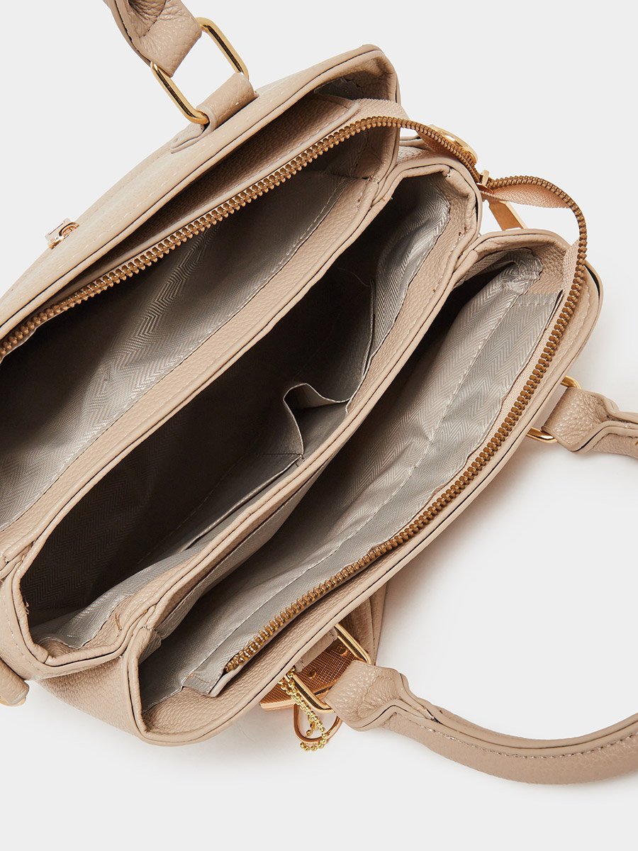 Beige Structured Tote Bag with Charm Detail