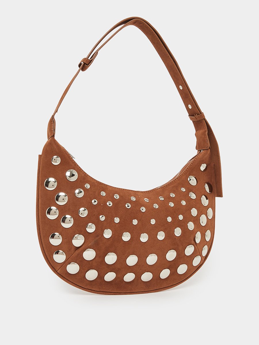 Khaki Suede Stud Shoulder Bag