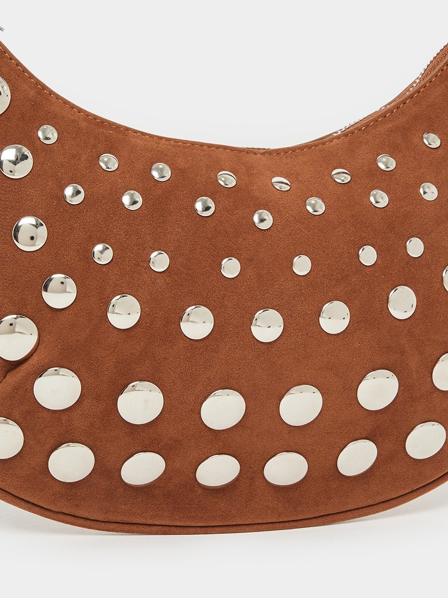 Khaki Suede Stud Shoulder Bag
